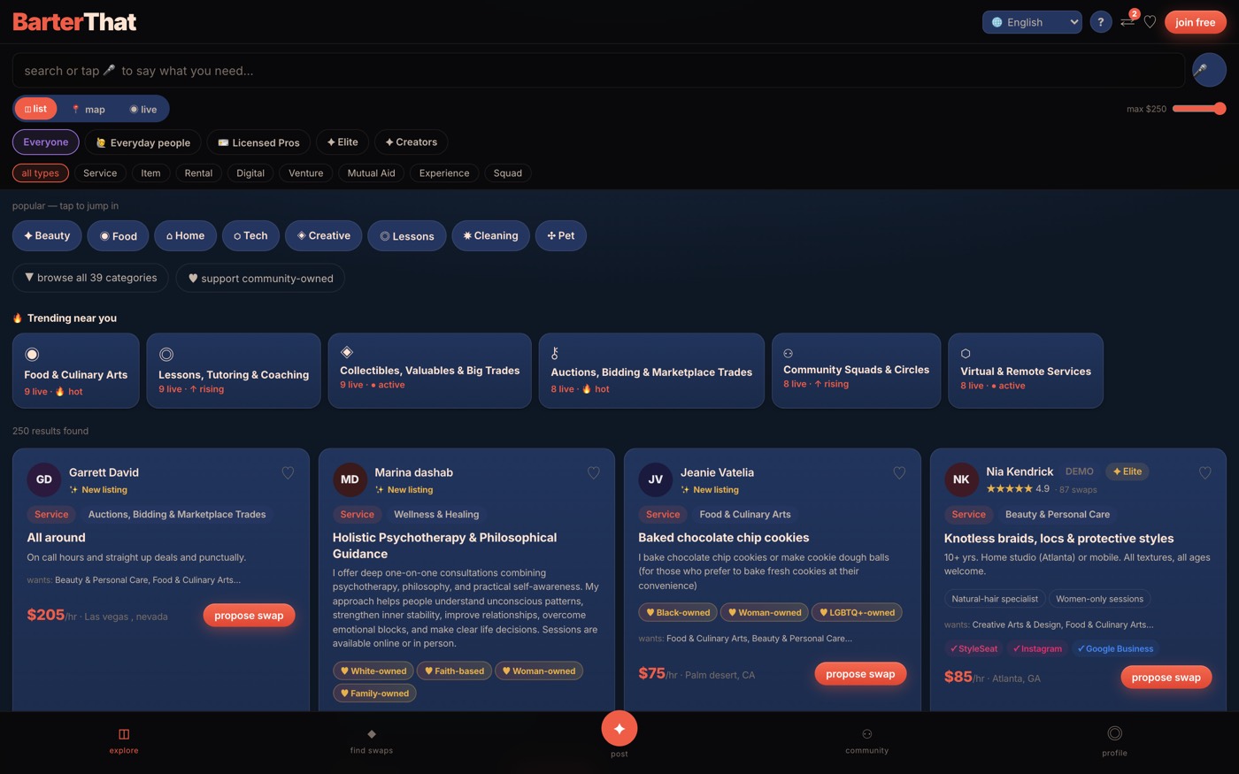 The BarterThat marketplace showing live service listings, category filters, and trending trades