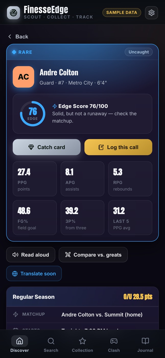 A FinesseEdge player card showing an Edge Score out of one hundred with the supporting statistics