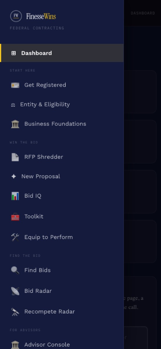 The FinesseWins navigation drawer on a phone, listing every module from Get Registered through Advisor Console