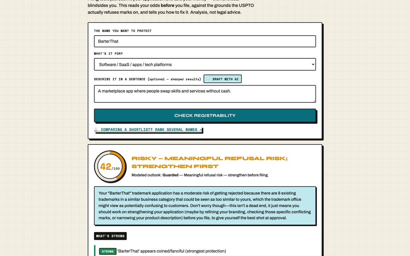 MCInvent scoring a trademark out of one hundred with a plain language explanation of the refusal risk