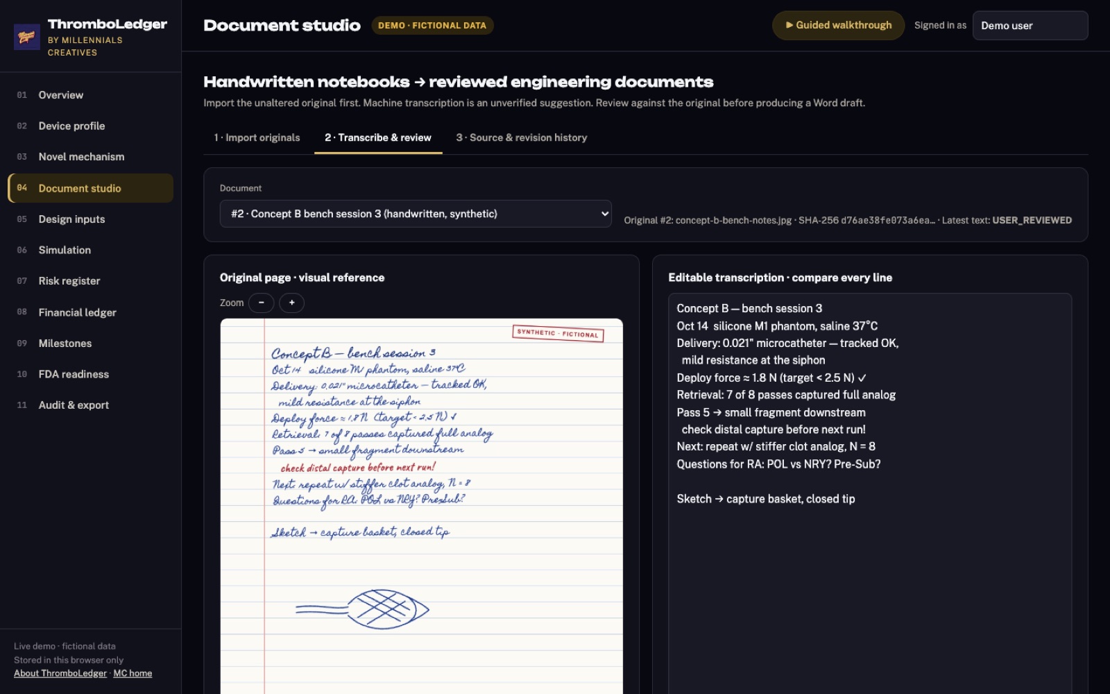 ThromboLedger Document studio: a handwritten bench notebook page on the left beside its typed, editable transcription on the right, marked as human-reviewed